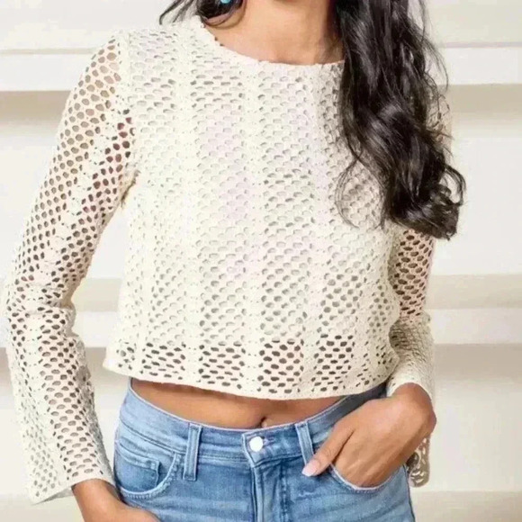 LUCY PARIS SIESTA CROCHET Top Cream Cropped Sweater Size Large - Picture 1 of 9